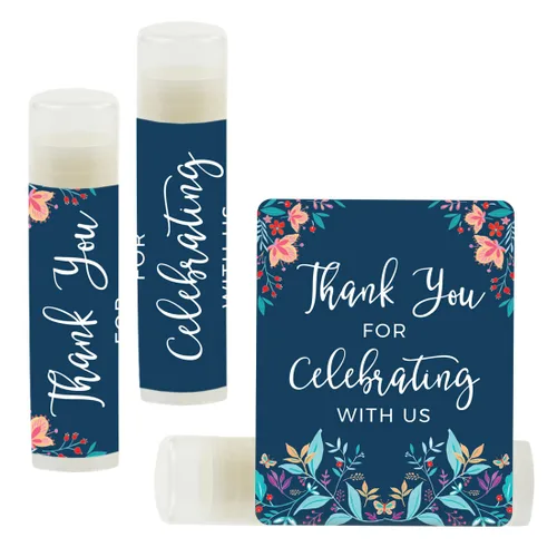 Andaz Press Bálsamo labial para fiesta de cumpleaños, gracias por celebrar con nosotros, flores y mariposas atrevidas de primavera, paquete de 12,