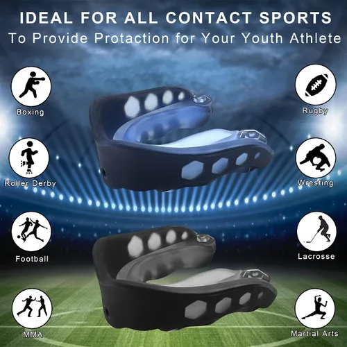 Miniatura 4 de Protector bucal de fútbol, 2 piezas, boquilla, fútbol, deportes juveniles, con correa, protectores bucales para atletas jóvenes y adultos, hockey