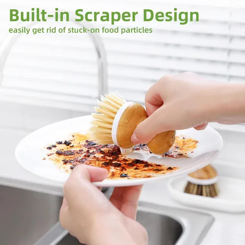 Miniatura 4 de SUBEKYU Cepillo para platos, juego de cepillos de bambú con bandeja, cepillo de cocina natural para lavar platos/sartenes/ollas, raspador 2