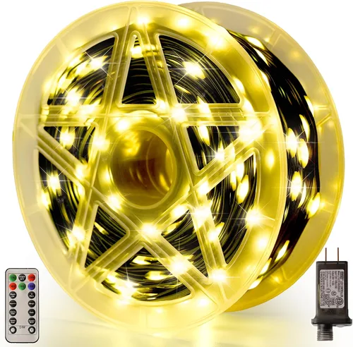 Miniatura 10 de Luces de Navidad 600 LED de 196 pies, IP67 impermeables, luces para árbol de Navidad con 8 modos, tira de luces para exteriores con temporizadores