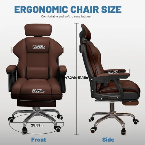 Miniatura 2 de Silla ejecutiva para computadora, silla de escritorio para oficina en casa, ángulo ajustable, ergonómica, de altura ajustable, sillas de piel Marrón