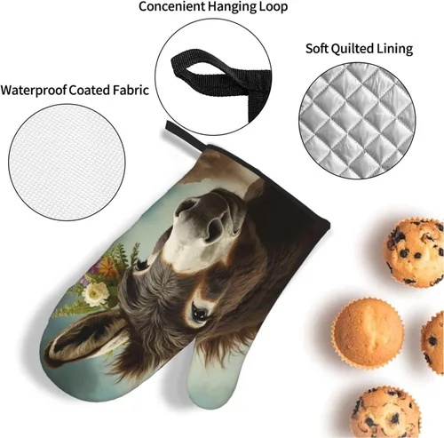 Miniatura 5 de Juego de 4 guantes de horno y soportes para ollas con estampado de animales burros, resistentes al calor, antideslizantes, guantes de horno