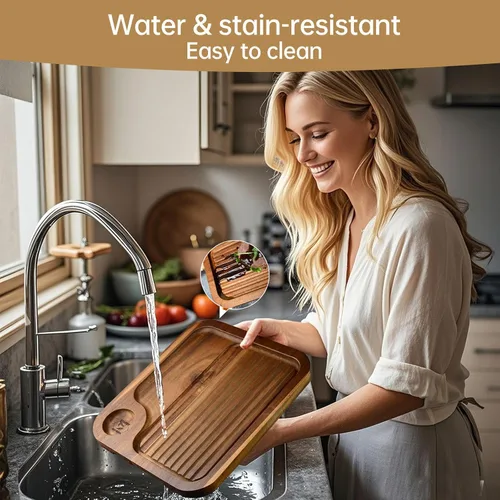 Miniatura 5 de Platos de bistec de madera de acacia, tabla de cortar carnívora para comer, plato de carne tallado de madera, bandeja para servir alimentos, tabla