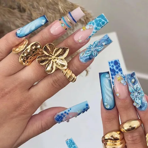 Miniatura 21 de MISUD Uñas a presión – Uñas cuadradas largas con pegamento rosa y negro, acrílico Y2K diseño de dijes de 24 piezas