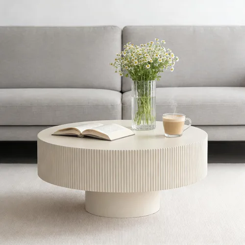 Miniatura 7 de Moderna mesa de centro redonda acanalada, mesa de centro de madera de tambor contemporáneo con base cilíndrica, mesa central circular para sala