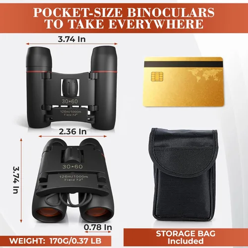 Miniatura 2 de Binoculares pequeños para adultos – 7x aumento, tamaño de bolsillo, diseño portátil con bolsa de almacenamiento, no visión nocturna – Mini
