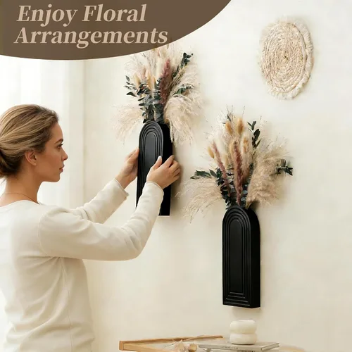 Miniatura 5 de Juego de 2 jarrones de pared de madera con eucalipto de hierba de las pampas, decoración de pared moderna de estilo bohemio para sala de estar