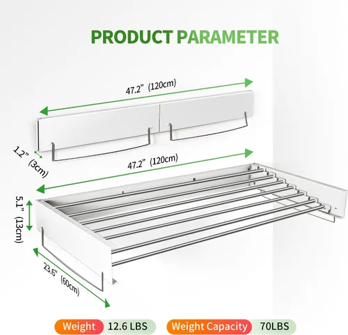 Miniatura 7 de Heshecein - Estante de secado de pared plegable para lavandería, 7 varillas de acero inoxidable, estante de secado plegable para interiores