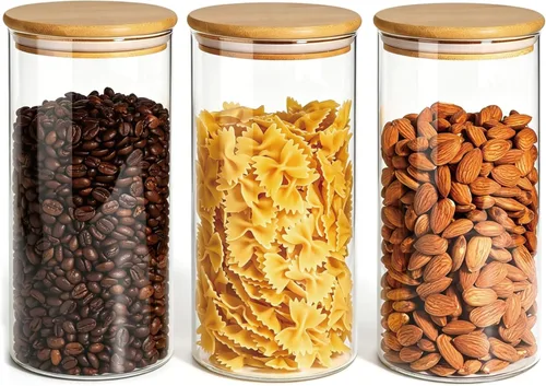 Miniatura 12 de MOLFUJ Contenedor de almacenamiento de vidrio de 18.6 fl oz / 18 onzas líquidas con tapa de madera, organizador decorativo transparente apilable