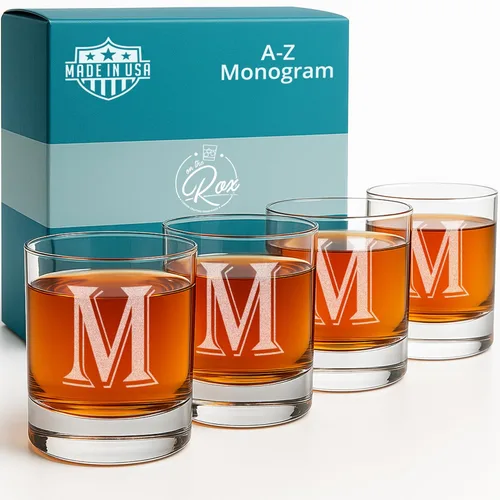 Miniatura 29 de On The Rox Drinks Juego de 4 vasos de vidrio grabados con monograma B, 11 onzas