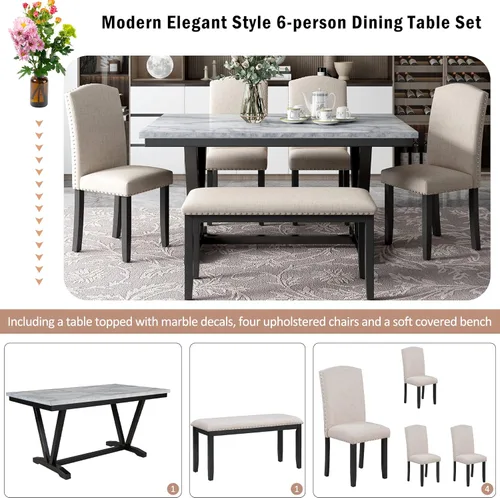 Miniatura 5 de LUMISOL - Juego de mesa de comedor de 6 piezas con banco y sillas para 6 personas, de madera maciza, para cocina, comedor, color blanco cálido