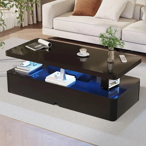 Miniatura 10 de MXV - Mesa de café moderna, mesas de café de 40 pulgadas con luces LED de 16 colores, mesa central rectangular de 2 niveles, gran espacio de 40