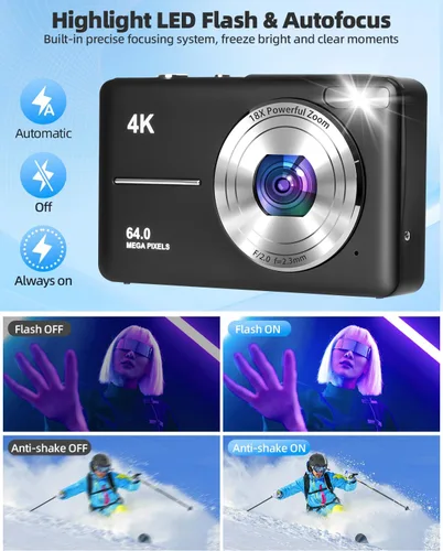 Miniatura 5 de Cámara digital 4K para fotografía, enfoque automático de 64 MP, tarjeta TF de 32 GB, pantalla LED de 2.8 pulgadas, zoom 18X, antivibración, cámaras