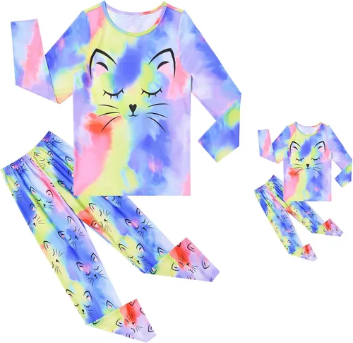 Miniatura 56 de QPANCY Conjunto de pijamas a juego para niñas y muñecas, pijamas de manga larga para otoño e invierno