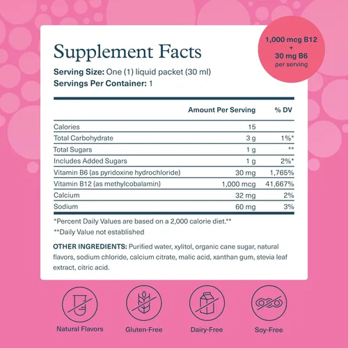 Miniatura 2 de Youtheory Vitamina B12 B6, suplemento diario de energía y apoyo cerebral, sabor líquido a frambuesa, 12 paquetes de 1 oz de una sola porción
