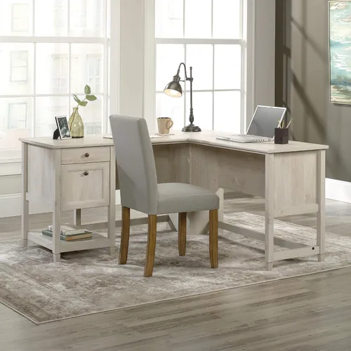 Miniatura 9 de Sauder Edge Water - Escritorio esquinero en forma de L con cajones de almacenamiento y estante abierto, en color castaño a la tiza