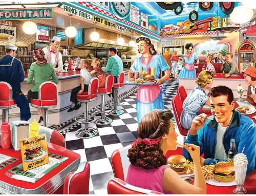 Miniatura 2 de Bits and Pieces Rompecabezas de comedor de los años 50 para adultos - Escena retro de la nostalgia americana por Larry Jones
