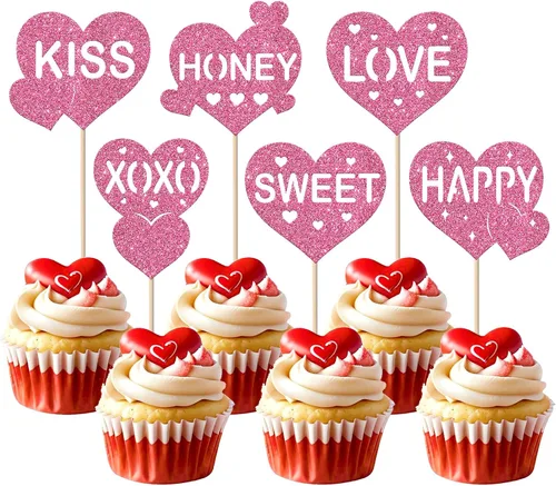 Miniatura 43 de Paquete de 24 adornos para cupcakes con purpurina en forma de corazón con temática de amor dulce, decoración de pasteles para el día de San