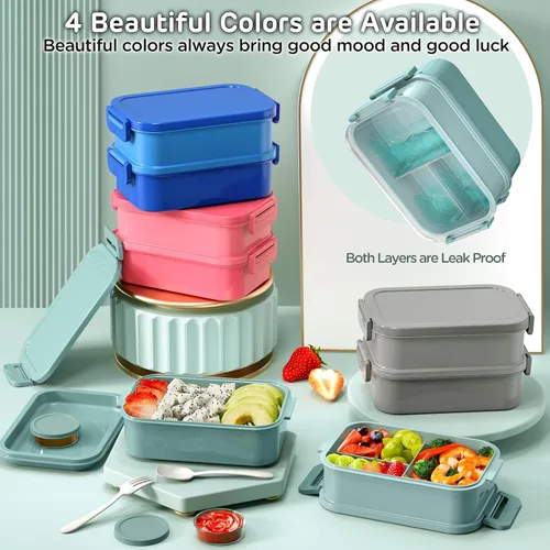 Miniatura 3 de DaCool Lonchera Bento para adultos, caja Bento de 74 onzas, contenedor apilable todo en uno para adultos, caja Bento grande con tenedor, cuchara