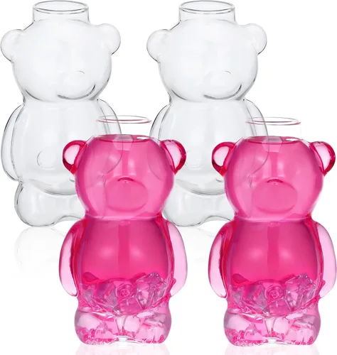 PRETYZOOM Juego de 4 vasos de cóctel en forma de oso, transparentes y bonitos vasos de oso para vino, jugo, té, leche con parte inferior gruesa para