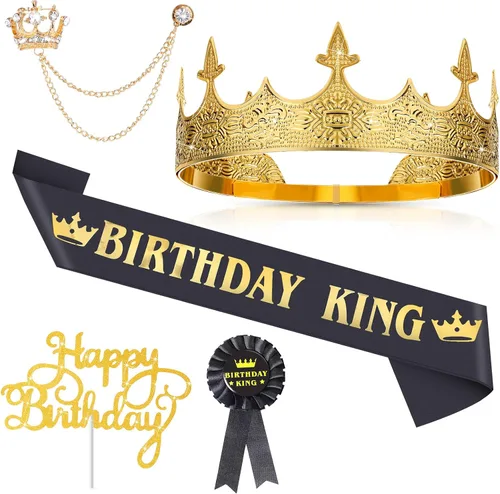 Junkin 5 accesorios de cumpleaños para hombre, incluyen corona de rey con banda de hojalata, broche de cadena colgante para fiesta de cumpleaños de