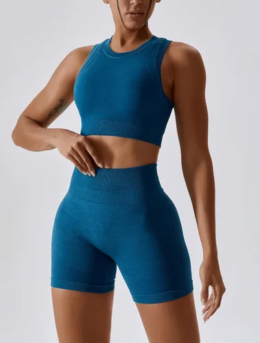 Miniatura 87 de Conjuntos de entrenamiento para mujer, 2 piezas, sin costuras, acanalada, sin mangas, brasier deportivo, cintura alta, pantalones cortos