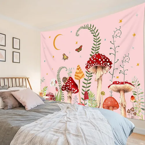 Miniatura 42 de LB Tapiz de hongos para colgar en la pared, luna y estrella en beige, tapiz de pared para dormitorio, estética de planta verde, arte de pared