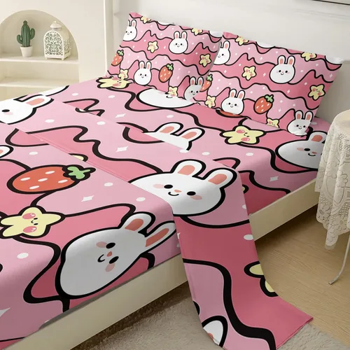 Miniatura 4 de QOOMO Sábanas Kawaii de Conejo para Niños Tamaño Twin, Juego de Sábanas de Cama Kawaii Bunny con Bolsillo Profundo de 16", Juego de Sábanas