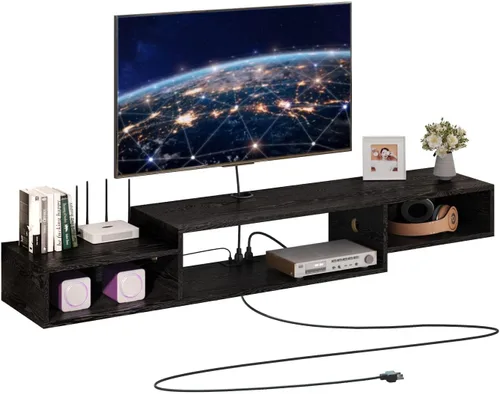 Miniatura 6 de 4 EVER WINNER Soporte flotante para TV con toma de corriente, estante flotante de TV de 59 pulgadas con luces LED y almacenamiento, centro