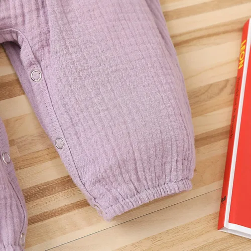 Miniatura 8 de Mono de algodón para bebé, ropa de niña con lazo para niña, un mameluco de encaje de lino para niñas de 0 a 24 meses (morado, 12 a 18 meses)