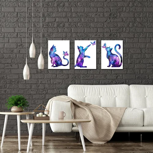 Miniatura 3 de KLVOS Arte de pared de animales lindos para decoración de habitación de niños, diseño de mariposas moradas y gatos estrellados, impresiones