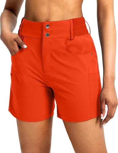 Miniatura 7 de Viodia - Pantalones cortos de senderismo de 5" para mujer, para golf con bolsillos, de cintura alta, elásticos, cargo, pantalones cortos para mujer