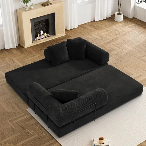 Miniatura 3 de DAMAIFROM Sofá cama convertible con almohada cilíndrica, sofá cama plegable de pana con marco de forma fija, sofá modular de suelo para sala de Negro