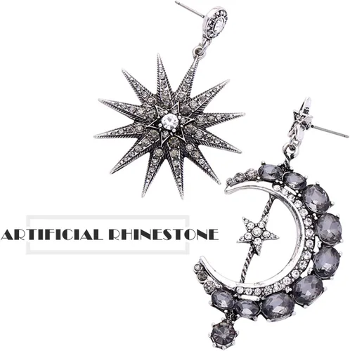 Miniatura 4 de MINIDUO aretes de luna y estrella para niñas, joyas, a la moda, aretes colgantes, para mujer, aleación, Negro