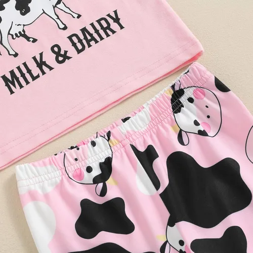 Miniatura 96 de fhutpw Conjunto de camiseta de manga corta con estampado de vaca y pantalones acampanados de dibujos animados para niñas