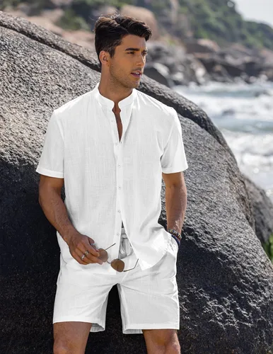 Miniatura 4 de COOFANDY Conjunto de lino de 2 piezas para hombre, camisa y pantalones cortos con cuello de banda casual