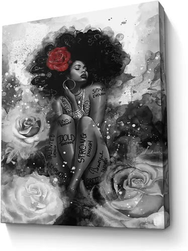 Lienzo de pared afroamericano, impresión de moda de niña negra, imagen abstracta de arte negro, pintura de decoración de pared de rosas para mujer,