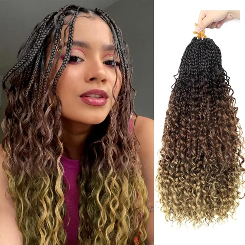 Miniatura 58 de Goddess Box Braids - Trenzas de cabello a ganchillo con extremos rizados, trenzas de caja bohemianas de 16 pulgadas, trenzas de ganchillo, 8 1B-4-30