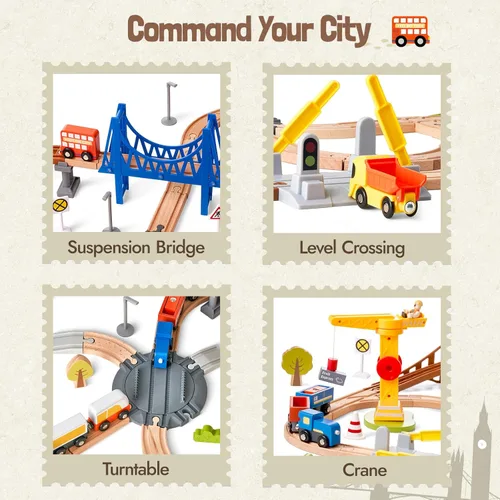 Miniatura 3 de Juego de tren de madera de 94 piezas, pista de tren de aventura moderna para niños con puente, túnel, grúa, edificios de la ciudad, compatible