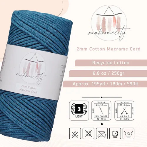 Miniatura 2 de Makromecity, Cordón de macramé de algodón de 0.079 in x 195 yardas (590 pies) de algodón reciclado de 0.079 pulgadas, hilo de ganchillo para Azul