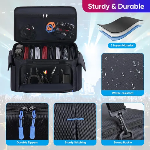 Miniatura 4 de Bolsa grande para archivos de cable de DJ con 8 divisores desmontables, bolsa de DJ acolchada con múltiples compartimentos y bolsillos para equipos