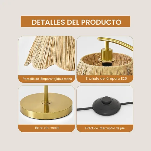 Miniatura 7 de Oneach Lámpara de pie arqueada para sala de estar, lámpara de pie de ratán boho con pantalla tejida a mano, interruptor a pedal, base y poste de Oro