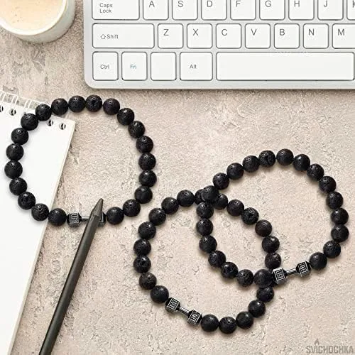 Miniatura 7 de Lava Beads Gym Bracelets for Men - 8mm Lava Rock Bracelet Natural Stone, Men Stretch Bracelet Bead Bracelet for Women- Alloy Dumbbell Bracelet