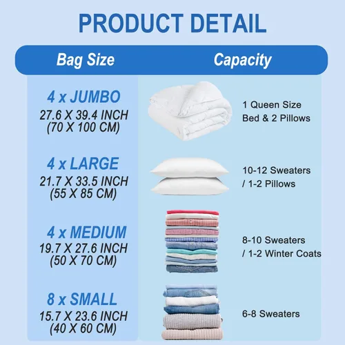 Miniatura 5 de Fygrip 20 bolsas de almacenamiento al vacío con bomba de mano, 4 Jumbo + 4 grandes + 4 medianas + 8 pequeñas bolsas de plástico de embalaje, bolsas