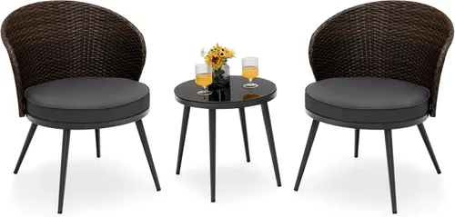 Tangkula Juego de 3 piezas de ratán para patio, juego de conversación de mimbre para exteriores con 2 cojines de asiento, mesa de vidrio templado,