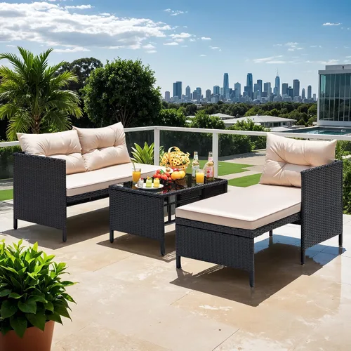 Miniatura 6 de Devoko - Juego de muebles de patio al aire libre, 3 piezas de sofá seccional de ratán impermeable para todo tipo de clima, sofá en forma de L