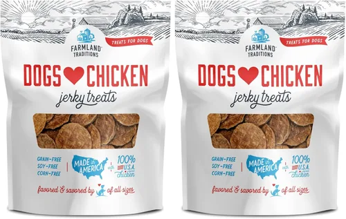 Farmland Traditions Dogs Love Chicken Jerky - Golosinas para perros con solo 3 ingredientes y sin rellenos, bolsa de 1 libra (paquete de 2)