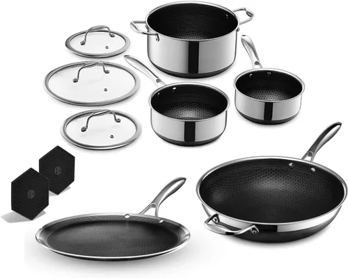 HexClad Hybrid - Juego de utensilios de cocina antiadherentes de 10 piezas, wok de 12", parrilla de 12", ollas de 2, 3 y 8 Qt con tapas, y 2
