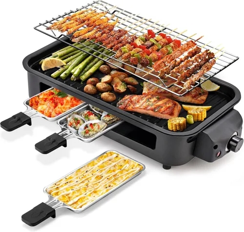 Pukomc Parrilla Eléctrica de Interior, 2 en 1 para Cocina con Rejilla para Asar y Placa de Cocina Antiadherente Extraíble, Control de Temperatura,