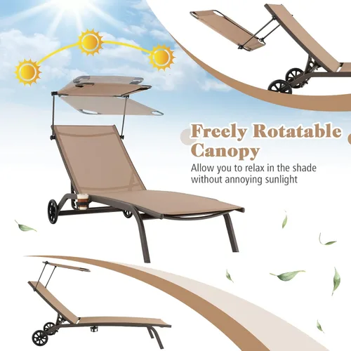 Miniatura 5 de Tangkula Tumbona para patio, reclinable al aire libre con ruedas, toldo ajustable y portavasos, respaldo de 6 niveles, tumbona reclinable de metal